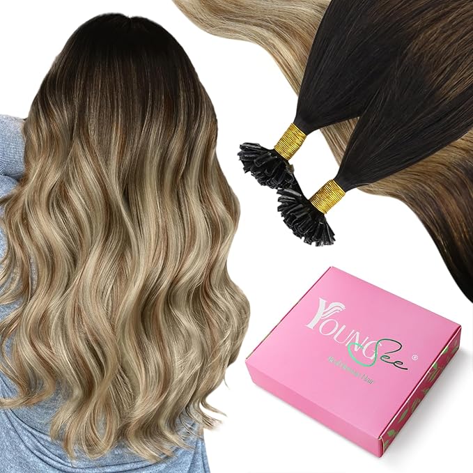 YoungSee U Tip Hair Extensions Human Hair Balayage 20 Inch U Tip Hair Extensions Balayage Blonde with Brown Utip Human Hair Extension Ombre Dark Brown to Blonde Keratin Hair Extension 50s/50g