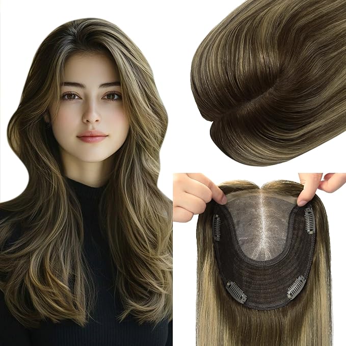 Hair Toppers for Women Real Human Hair 6x7 inch Silk Base 150 Density 65 grams 14inch Balayage Chocolate Brown To Caramel Blonde Wiglet Top Pieces Add Volume（#4274 14inch）