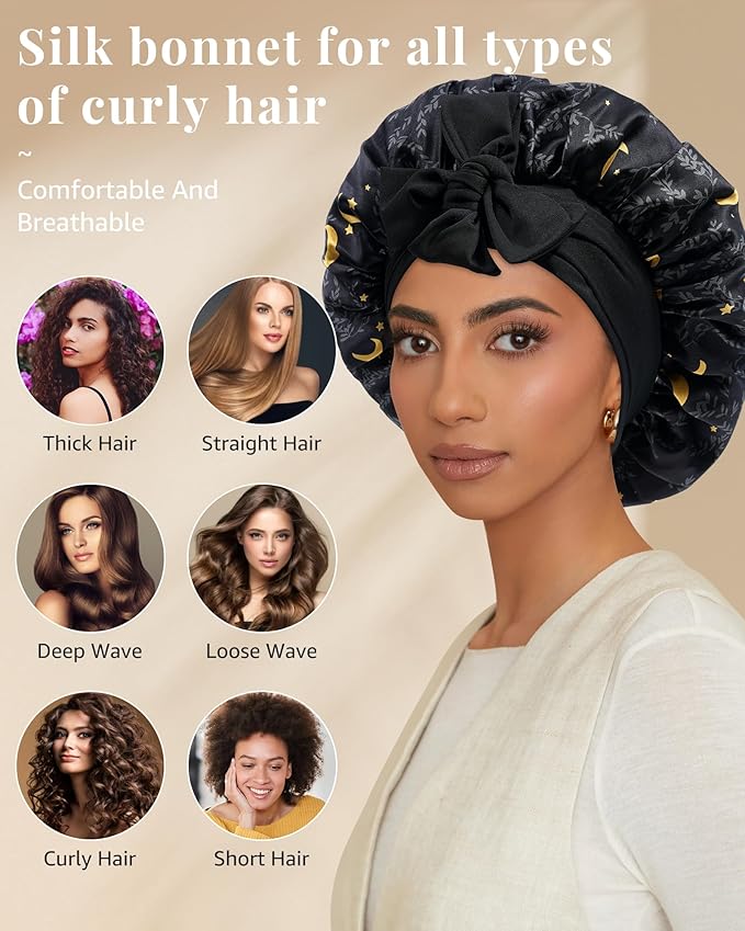 AWAYTR Silk Bonnet for Sleeping Women 100% Mulberry Silk Bonnet with Band 2 Layer Reversible Hair Bonnet Sleeping Hair Wrap (Stars/Black)