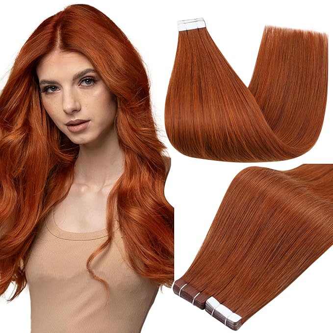 Full Shine Hair Extensions Real Human Hair Color 550 Copper Remy Tape in Hair Extensions Human Hair 16Inch Seamless Invisible Skin Weft 50Gram 20Pcs Silky Straight Extension