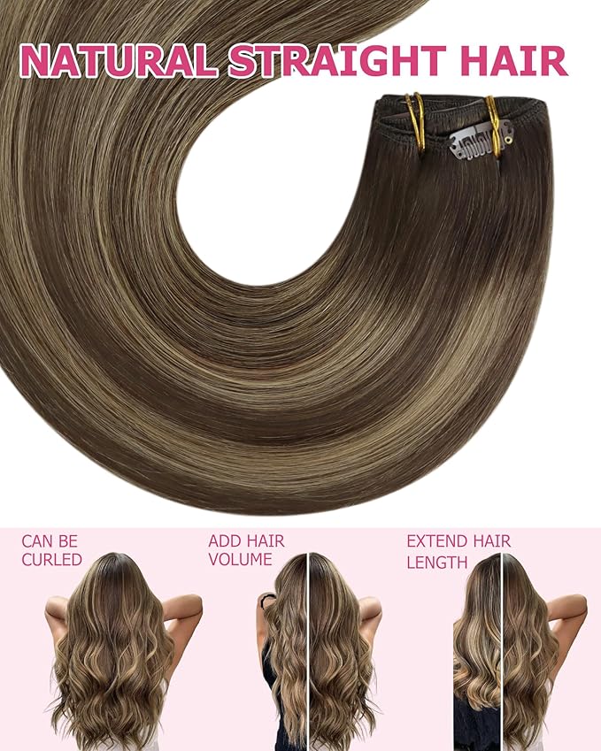 YoungSee 135g Clip in Extensions Real Human Hair Balayage Chocolate Brown Mix Caramel Blonde Invisible Clip in Brown Hair Extensions for Women Clip on Remy Hair Extension Straight 18Inch 7Pcs