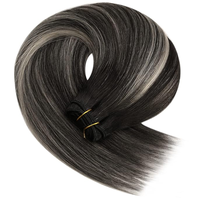 YoungSee 24 Inch Human Hair Sew in Extensions Black Balayage Double Weft Human Hair Extensions Silver Blonde Mix Natural Black Sew in Hair Extensions Remy Hair 100G