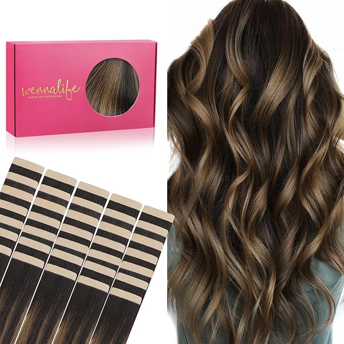 WENNALIFE Tape in Hair Extensions Human Hair, 40pcs 100g 18 inch Balayage Dark Brown Mixed Chestnut Brown Hair Extensions Real Human Hair Straight Tape in Extensions Invisible Human Hair Extensions