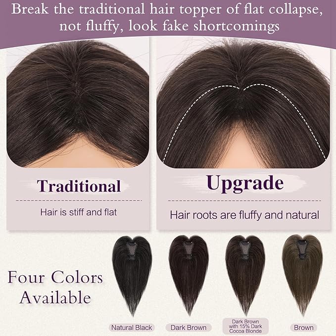 RUWISS Hair Toppers for Women Real Human Hair Lightweight Clip in Hair Piece for Thinning Hair Fluffy Straight Hair Topper without Bangs, Dark Brown