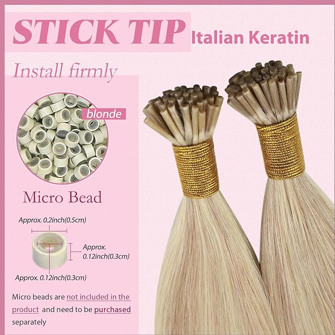 YoungSee I Tip Hair Extensions Human Hair Blonde I Tip Extensions Ash Blonde Highlight Bleach Blond Itip Human Hair Extension 14 Inch 80s 50g I-Tips Extension Remy Human Hair