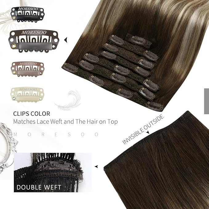 Moresoo Real Hair Extensions Clip in Human Hair Dark Brown to Light Brown Balayage Clip Extensions Medium Blonde Hair Extensions Real Human Hair Clip ins Straight Hair 7 Pcs 120G 20 Inch