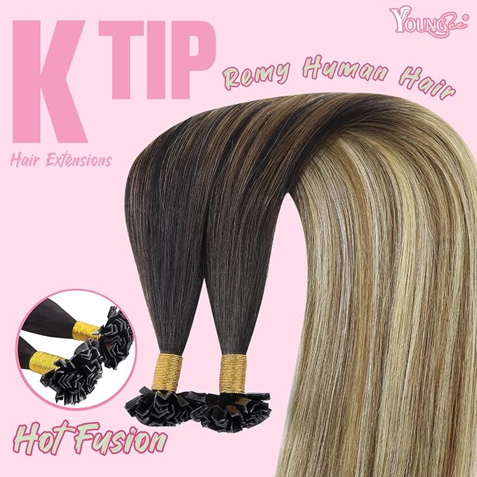 YoungSee K Tip Hair Extensions Human Hair Balayage Keratin Hair Extensions K Tip Ombre Dark Brown to Brown with Blonde Silky 18In 1g/s 50g