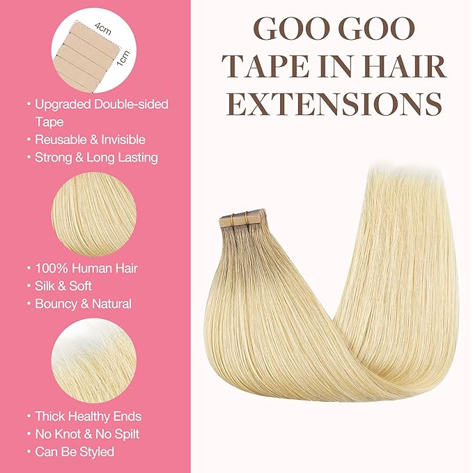 GOO GOO Tape in Hair Extensions Human Hair, R7/60F Rooted Ash Blonde with Frosted Highlights, 22inch 50g 20pcs, Skin Weft Seamless Invisible, Silky Straight with Thick Ends, Remy Human Hair