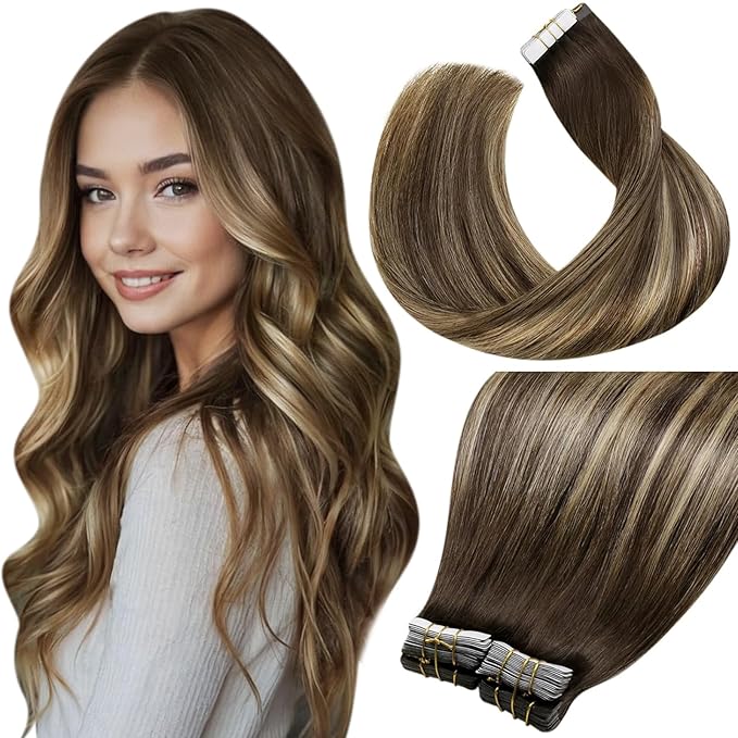 LaaVoo Balayage Hair Extensions Tape in Real Human Hair Tape in Hair Extensions Brown to Caramel Blonde with Dark Brown Tapes on Extensions Invisible Hair 20 Inch 40pcs 100g