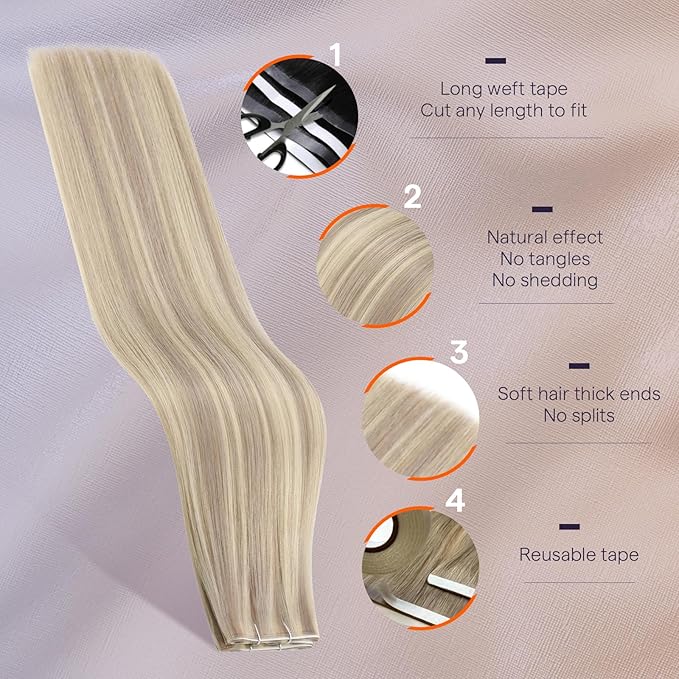 Full Shine Human Hair Extensions Tape in Color 18/613 Highlight Blonde Long Tape Weft Invisible Tape in Weft Hair Exensions Human Hair Weft Extensions 50G One Piece Travel Friendly Styling 20Inch