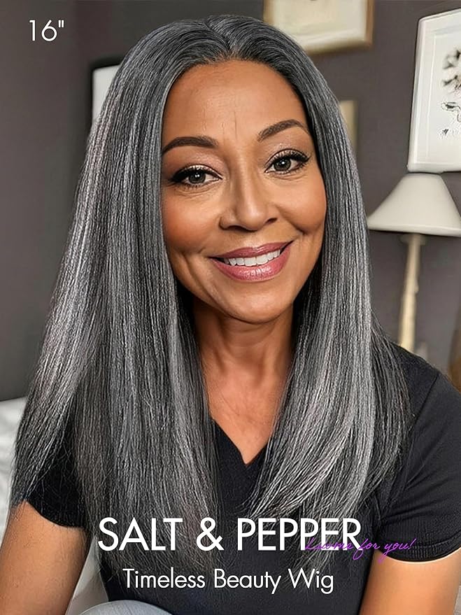 LUVME HAIR 14 Inch Grey Salt & Pepper Silky Straight Wig Human Hair Glueless HD Lace Bob Wig with Mix Grey Color, pre plucked pre cut Lace Ready to Go Wigs For Women