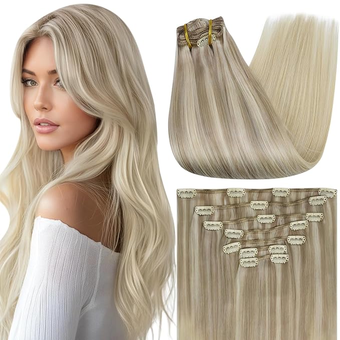Full Shine Blonde Highlight Clip in Hair Extensions Blonde Hair Extensions Clip in Human Hair Balayage Human Hair Extension for Women for Long Hair 7 Pcs 22 Inch 120 G