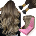 YoungSee I Tips Hair Extensions Balayage Human Hair I Tip Extensions Dark Brown with Ash Blonde Ombre Itip Hair Extensions 24 Inch I-Tip Extension Real Human Hair for Long Hair 50s 50g