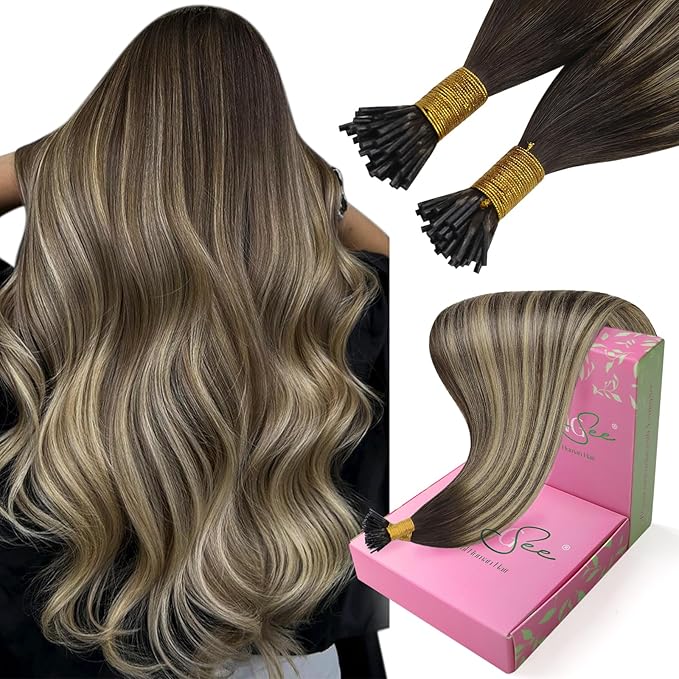 YoungSee Itip Human Hair Extensions Balayage I Tip Hair Extensions Ombre Dark Brown with Ash Blonde I Tips Hair Extension Real Human Hair 80s 50g I-Tips Extension Silky Straight 16Inch