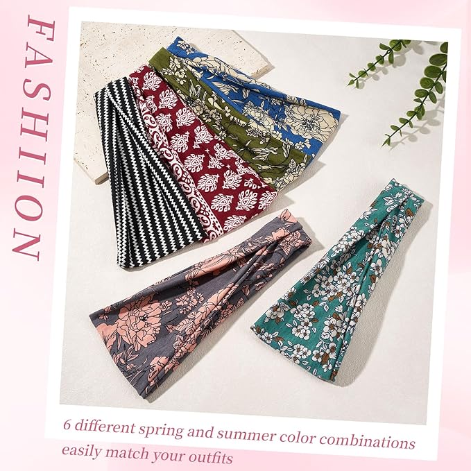Boho Headbands for Women, 6 Pack Wide Non-Slip Stretchy Hair Bands for Yoga, Workout, Running, Fashion Hair Accessories for Women's Hair（Shape 1）