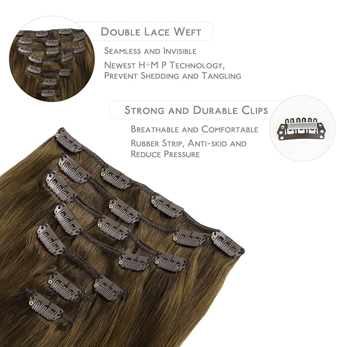 WENNALIFE Clip in Hair Extensions Real Human Hair, 20 Inch 120g 7pcs Ombre Walnut Brown to Ash Brown and Bleach Blonde Clip in Human Hair Remy Clip in Hair Extensions Real Human Hair Double Weft