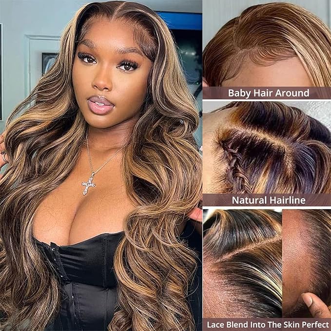 AMIRTY 250 Density 360 Lace Front Wigs Human Hair Pre Plucked Honey Blonde Body Wave Lace Front Wigs with Baby Hair Full 360 Glueless HD Transparent Lace Front Wigs for women 4/27