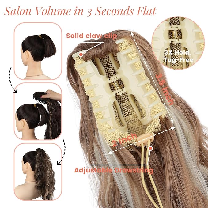 Claw Clip Ponytail Extension 18" for Women Wavy Pony Tail Clip in Hair Extensions Fluffy Natural Looking Synthetic Hairpiece for Daily Use (Honey Gold Mixed Light Blonde)