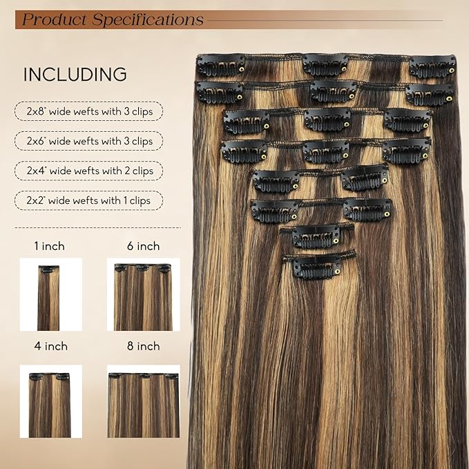 Clip in Hair Extensions Real Human Hair 20inch 8pcs 105g Seamless Balayage Dark Brown Hair Extensions Clip Ins Double Weft Dark Brown Highlight Chestnut Brown Invisible Straight Remy Human Hair