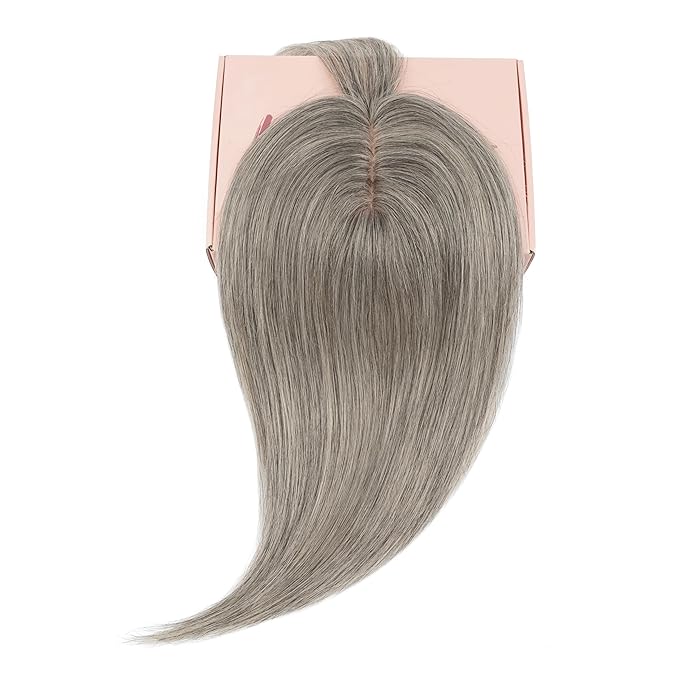 Rich Choices Real Human Hair Toppers for Women With Bang 100% Remy Human Hair Topper for Thinning Hair Clip in Silk Base Hair Topper 14 Inch Salt and Pepper G2 Silver