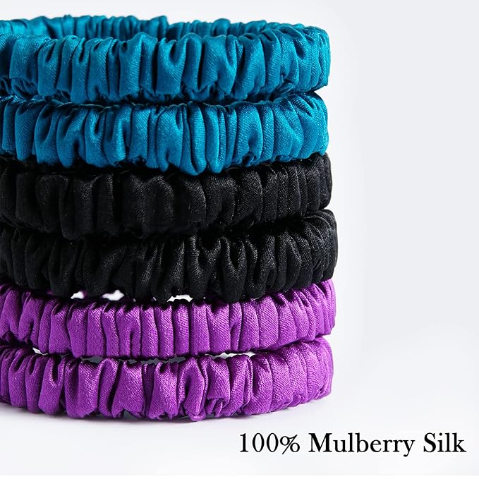 6 Set 100% Pure Mulberry Silk Hair-Friendly + Luxurious Elastic Skinny Scrunchies Travel Pouch Everyday Hair Ties Elastics Hair Care Ponytail Holder No Damage