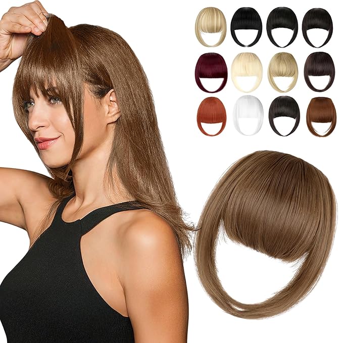 Clip in Bangs, Synthetic French Bangs Hair Clip, Fake Bangs Fringe with Temples Hairpieces for Women Natural Curved Hair Extensions for Daily Wear Light Chestnut Brown