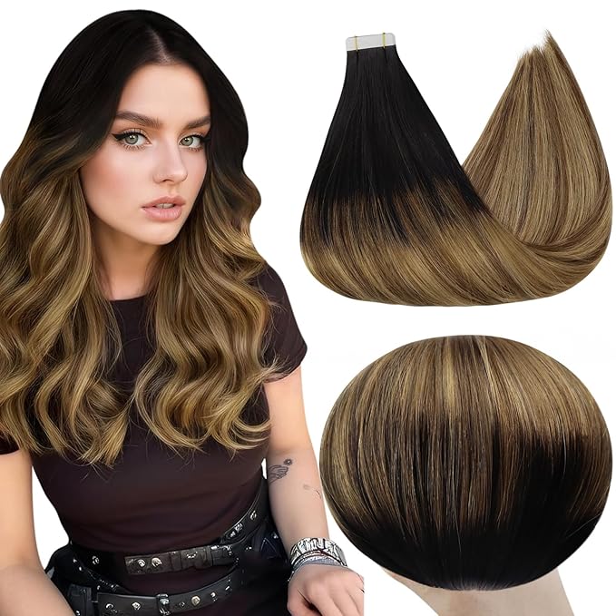 Full Shine Real Hair Extensions Tape ins Invisible Tape in Hair Extensions Human Hair 16 Inch Seamless Skin Weft Tape ins Human Hair Black 1B Fading to 6 and 27 Honey Blonde Hair Extension 20 Pcs 50G