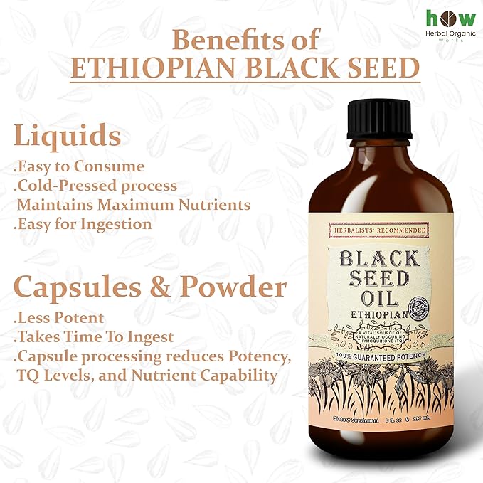 Black Seed Oil 8 oz - Cold Pressed Ethiopian Black Cumin Nigella Sativa, 3X Thymoquinone, 100% Pure Liquid in Glass Bottle - Supports Immune, Hair, and Skin Health