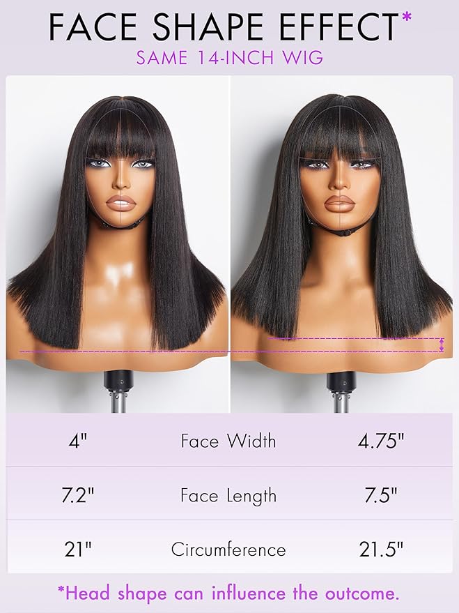 LUVME HAIR 14 Inch Light Yaki Straight Bob Wig with Bangs Human Hair Realistic HD Lace Short Black Bob Wigs, Ready to Go Blunt Cut Bob Wig Glueless 180 Density