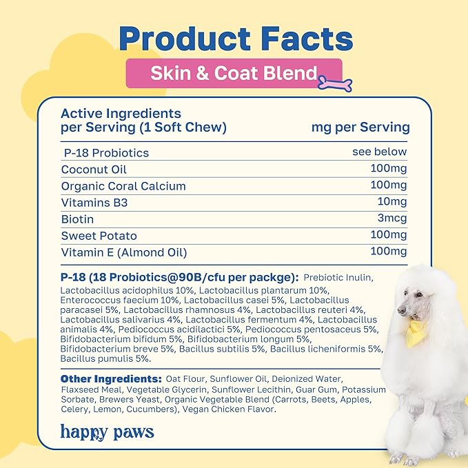 Happy Paws Skin and Coat Supplement for Dogs, Shedding & Dog Hair Growth Support for All Breeds & Ages, Made with Coconut Oil & Vitamin B12, Vegan Chicken Flavor, Organic, Non GMO, 200 Soft Chews
