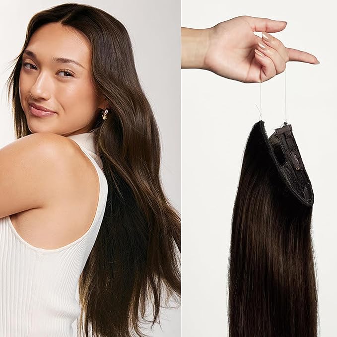 Luxy 100% Remy Human Hair – Halo Clip-In Hair Extensions –Natural Looking Volume & Length - One-Piece - Easy 5-Min Application 140 grams 16" Dimensional Rooted Espresso Brown