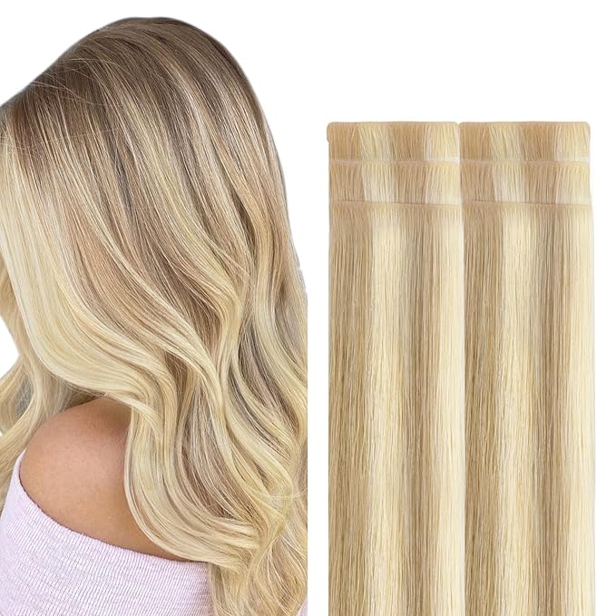 GOO GOO Invisi Edge Tape in Hair Extensions Human Hair, 18A/613A Dark Blonde Highlighted Bleach Blonde, 6pcs 18inch 15g, Virgin Remy Hair, Seamless Injected Tape, Natural Look