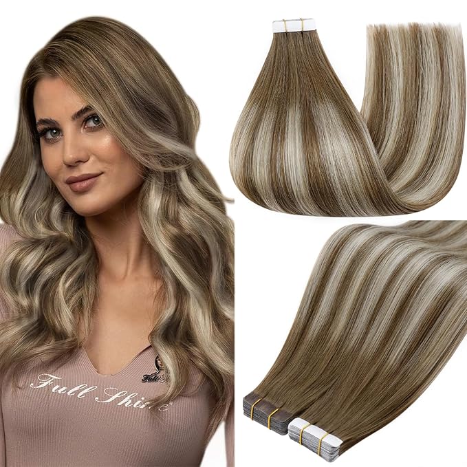 Full Shine Balayage Tape in Hair Extensions Straight Human Hair Extensions 14 Inch Invisible PU Tape in Extensions 6 Chestnut Brown Ombre to 60 Platinum Blonde Highlight 6 Seamless Hair 50g/20pcs