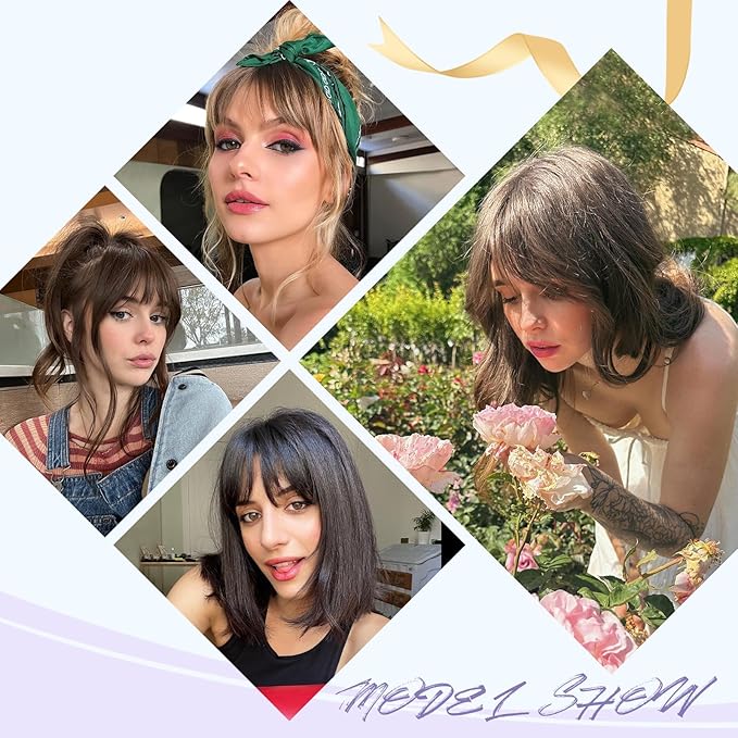 Wispy Bangs Hair Clip, 100% Human Hair Clip In Medium Brown Bangs for Women, Soft Layered Fake Bangs with Feathered Fringe, Easy Clip-On Design for Daily Wear & Halloween