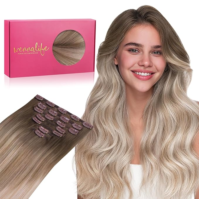 WENNALIFE Clip in Hair Extensions Real Human Hair, 24 Inch 120g 7pcs Balayage Sandy Brown to Platinum Blonde Remy Hair Natural Double Weft