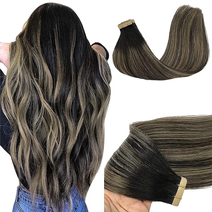 GOO GOO Tape in Hair Extensions Human Hair, 1B/19/1B Natural Black to Light Blonde, 16inch 50g 20pcs, Skin Weft Seamless Invisible, Silky Straight with Thick Ends, Remy Human Hair