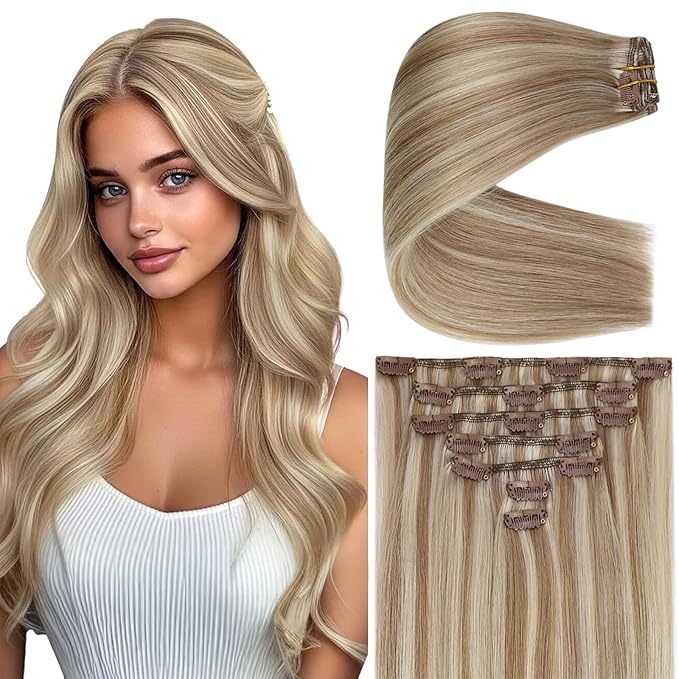 Ve Sunny Clip in Hair Extensions Real Human Hair Highlights Human Hair Clip in Extensions Dark Ash Blonde Highlights Light Blonde Human Hair Extensions Clip ins for Women Quick-Apply 5pcs 12inch 80g