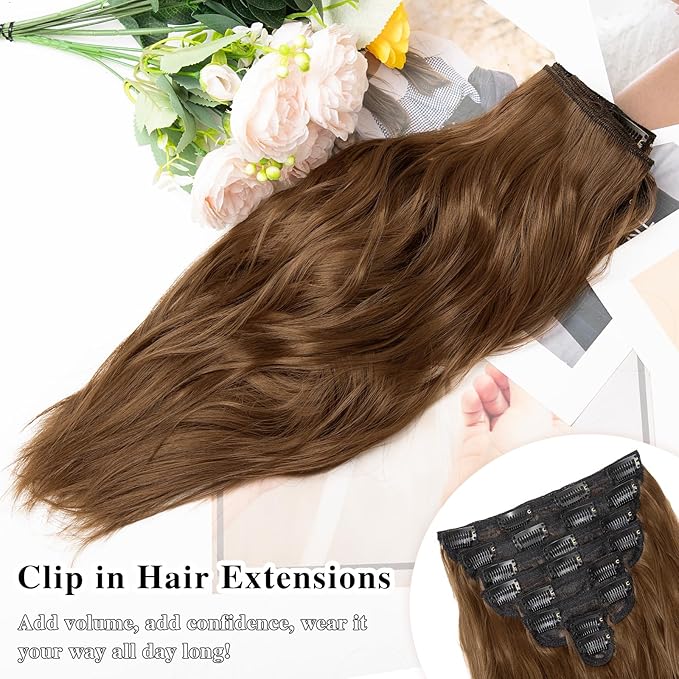Hair Extensions for Women, 8PCS 16 Inch Medium Brown Clip in Hair Extensions, Synthetic Wavy Clip Ins, Full Head Thick Hairpieces for Women