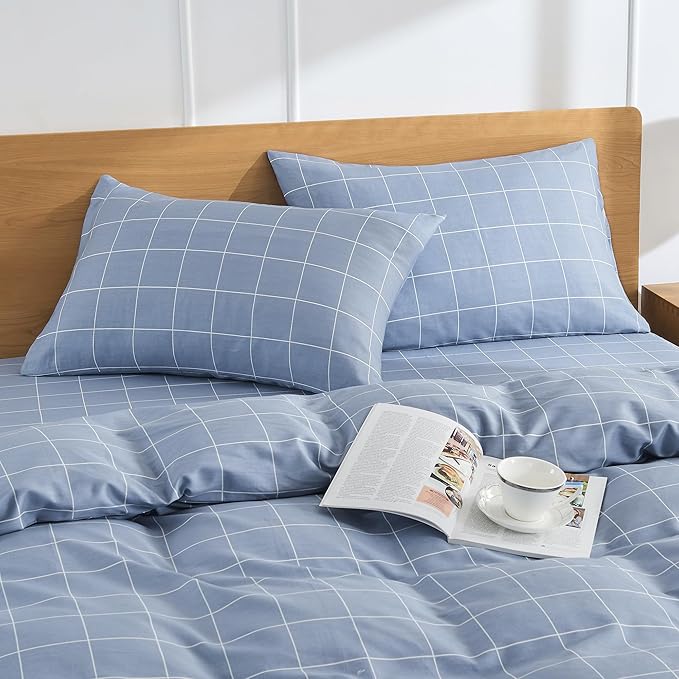JELLYMONI 100% Natural Cotton Plaid Standard Pillowcases Set, 2 Pack Blue Checkered Pattern Printed Pillow Covers with Envelope Closure (Pillows are not Included)