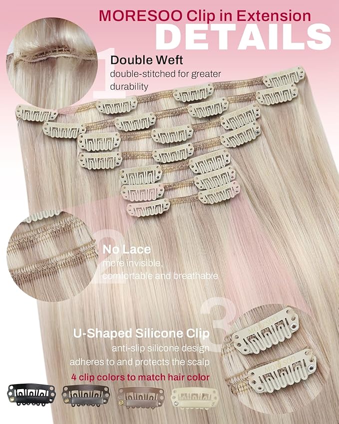 Moresoo Clip in Hair Extensions Real Human Hair Ash Blonde with Bleach Blonde Highlight Clip in Extensions for Short Thick Hair 16inch 135g 7pcs