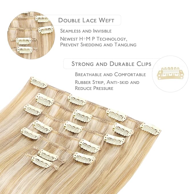 WENNALIFE Clip in Hair Extensions Human Hair 24 Inch 120g 7pcs Dirty Blonde Highlighted Bleach Blonde Hair Extensions Clip in for Women Real Human Hair Rallonge Cheveux Extensions