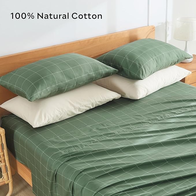 JELLYMONI 100% Natural Cotton Plaid King Pillowcases Set, 2 Pack White with Green Grid Geometric Pattern Printed Pillow Covers with Envelope Closure(Pillows are not Included)