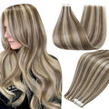 Full Shine Tape in Hair Extensions Invisible Skin Weft Straight Hair Remy Human Hair Extensions Tape ins 50Gram 18 Inch 8 Ash Brown Highlighted 60 White Blonde Seamless Hair Extensions Real Human Hair