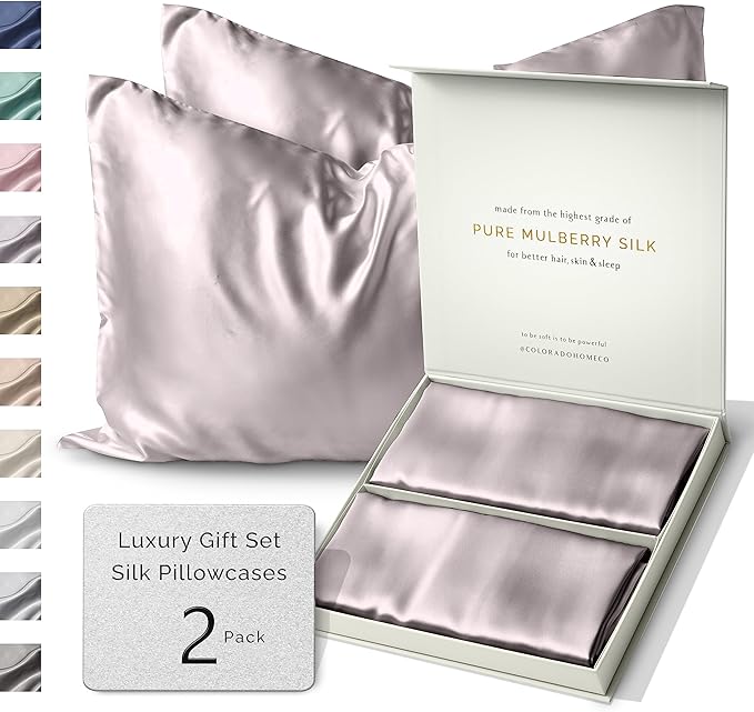 Sunday Silks™ | Silk Pillow Cases 2 Pack | 22 Momme Mulberry Silk Pillowcase Set of 2 | All Sides 100% Pure Silk Slip Pillowcases Bliss for Couples, Zipper | Standard Queen, King Size, 6A [Lavender]