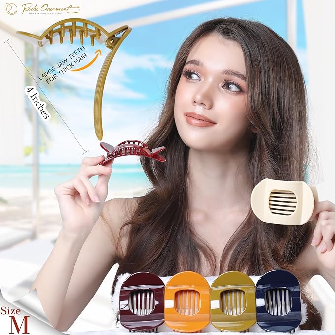 RC ROCHE 6 Pcs Flat Claw Hair Clips for Women Thick Hair French Round Duckbill Square Secure Strong Hold Grip Clamps Barrettes Curved No Slip No Crease Plastic Styling Cute, Medium Classic