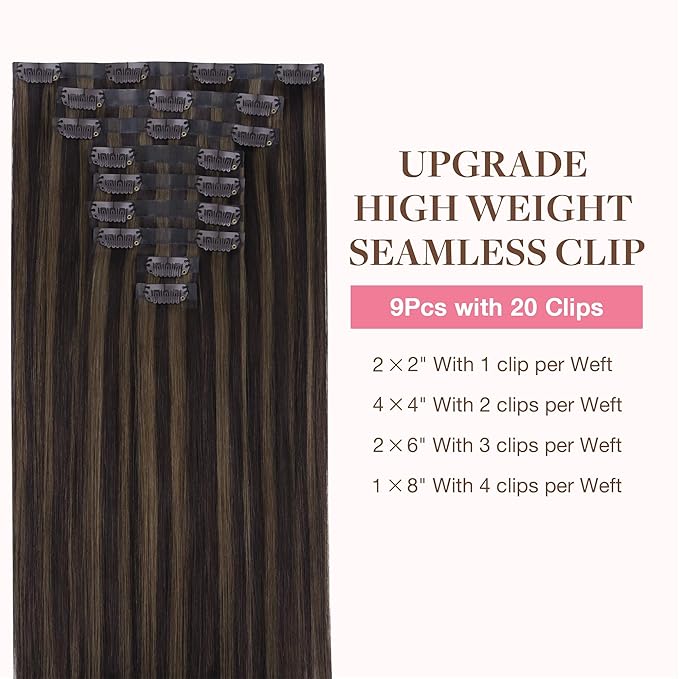 GOO GOO Clip in Hair Extensions Real Human Hair, Remy Human Hair Extensions Clip ins for Women, Natural Human Hair, 14inch 130g 9 Pcs, #2/6 Dark Brown Highlighted Chestnut Brown
