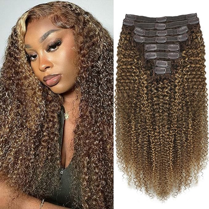 Kinky Curly Clip in Hair Extensions Real Human Hair 4/27/4 Omber Kinky Curly Clip ins For Women 3c 4a Brazilian Virgin Clip on Hair (20inch,#4/27/4)