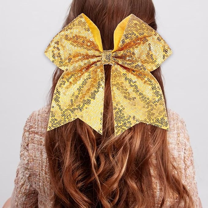 Large Glitter Cheer Bows Clips, Jumbo Big 7 Inch Cheerleading Sequin Hair Bow Hair Accessories for Teens Girls Football Sports Cheerleader Outfit Uniform (Yellow)
