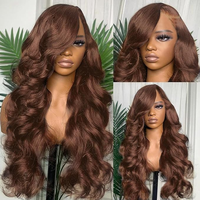 34 Inch Chocolate Brown Body Wave Lace Front Wigs Human Hair 200 Density 13x6 HD Lace Frontal Wigs Human Hair Brown Glueless Wig For Women Pre Plucked with Natural Hairline