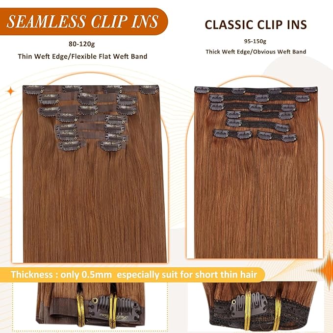 Full Shine Copper Brown Hair Extensions Copper Seamless Human Hair Clip in Extensions Auburn Brown Seamless Hair Extension Short for Women 12 Inch 95 G 8 PCS